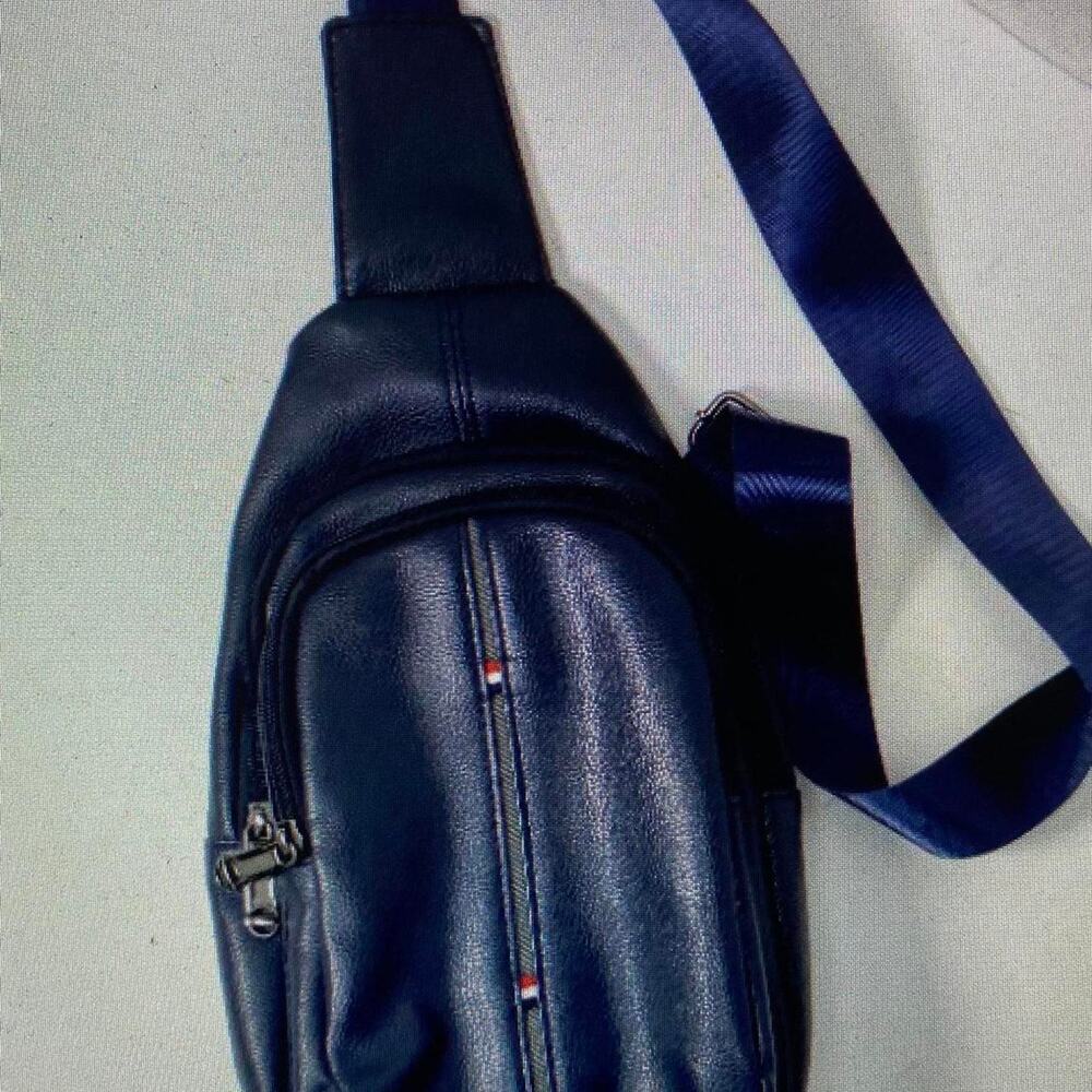 Westland small blue Faux leather Vertical accent stripe multi-pocket sling bag